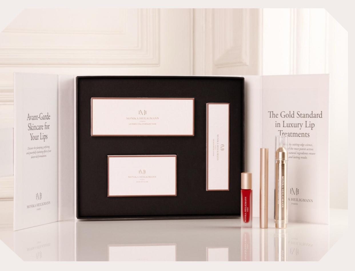 a product box with luxury lip perfecting gift set by Monika Heiligmann Paris as the gold standard in luxury lip treatments
